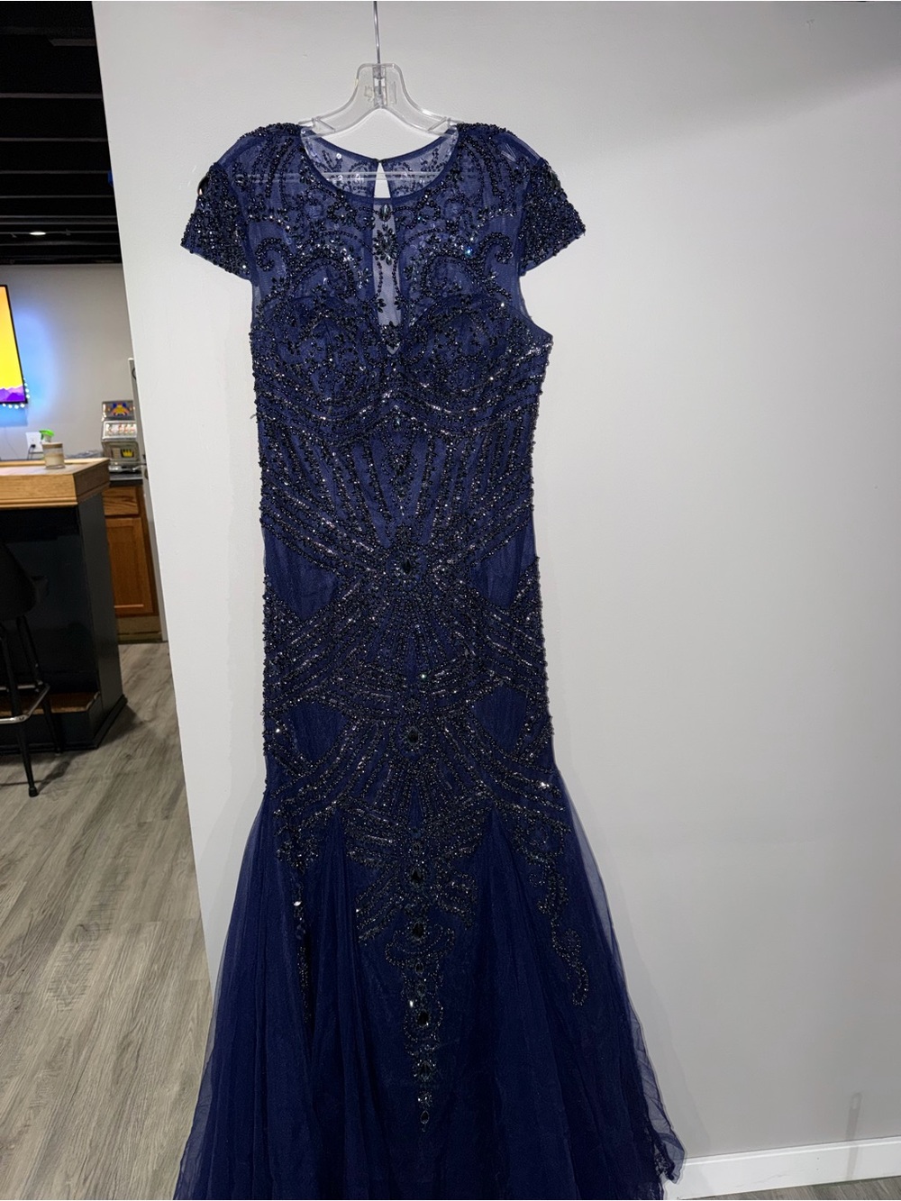 Elegant Navy Beaded Evening Gown - Women Dresses